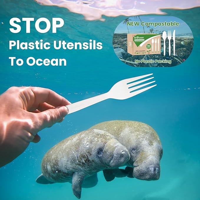 Biocean Extra Heavyduty Compostable Cutlery Set - 190 Count Large Disposable Utensils No Plastic Forks Spoons Knives Biodegradable Fork Eco Friendly Silverware for Party,BBQ,Daily Use,Events,Picnic