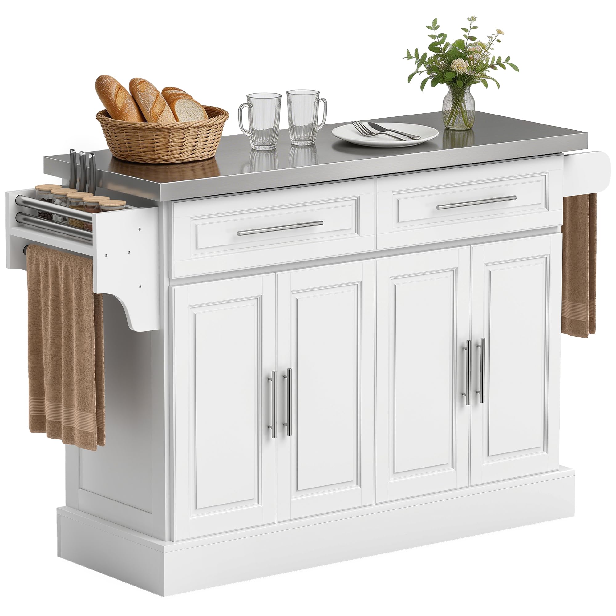 HOMCOM Rolling Kitchen Island Cart with 47" Stainless Steel Top White