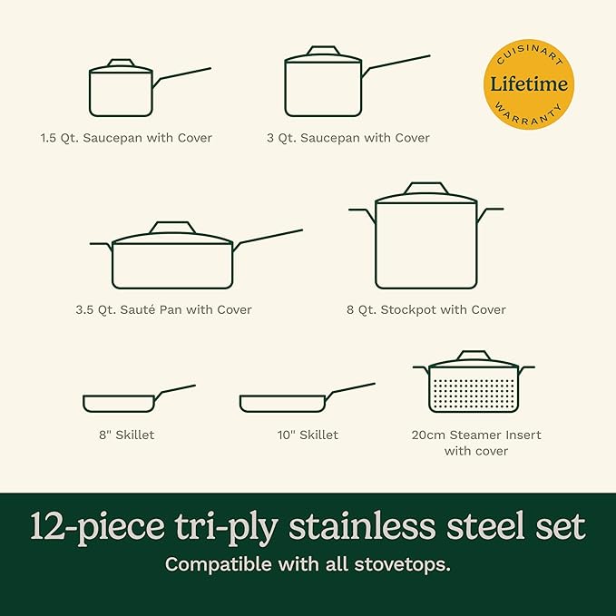 Cuisinart 12-Piece Cookware Set, MultiClad Pro Triple Ply Stainless Steel Cookware Set, Heat Surround Technology, Cool Grip Stick Handles, Oven Safe Up to 500°F, MCPS-12N, Silver