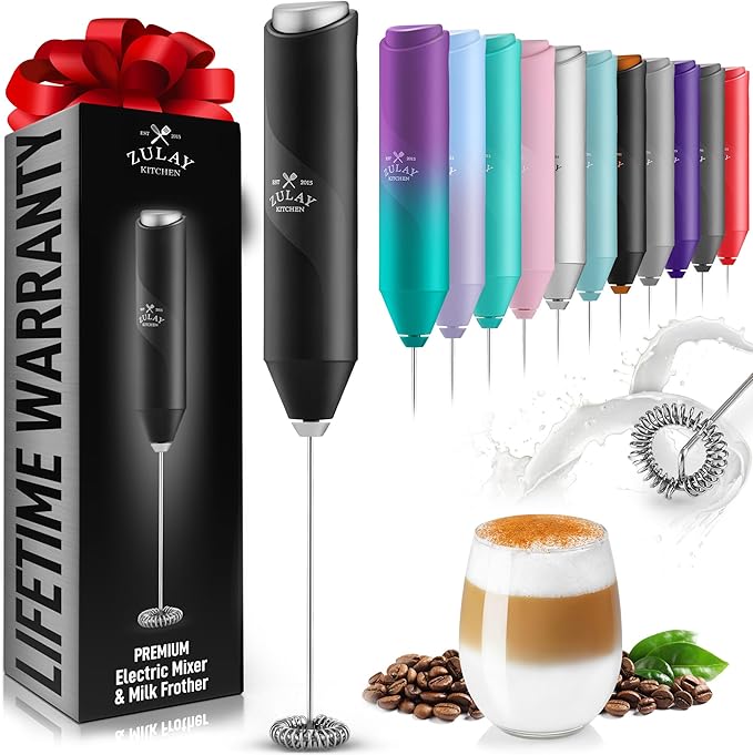 Zulay Kitchen Powerful Milk Frother Wand - Handheld Stainless Steel - Battery Operated Drink Mixer for Coffee, Lattes, Cappuccino, Matcha - Froth Mate Frother Gift - Midnight Black