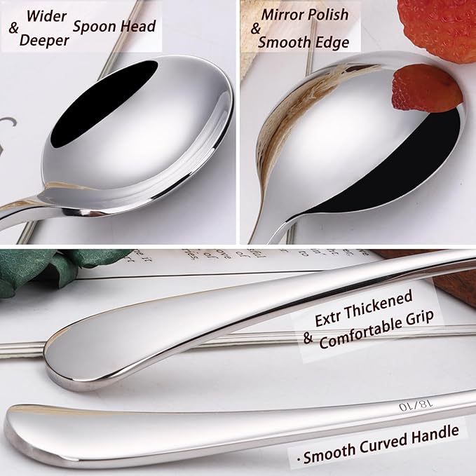 Mafier 7" Elegant Soup Spoons Silverware Set,18/10 Stainless Steel,Dishwasher Safe(Set of 4,Silver)