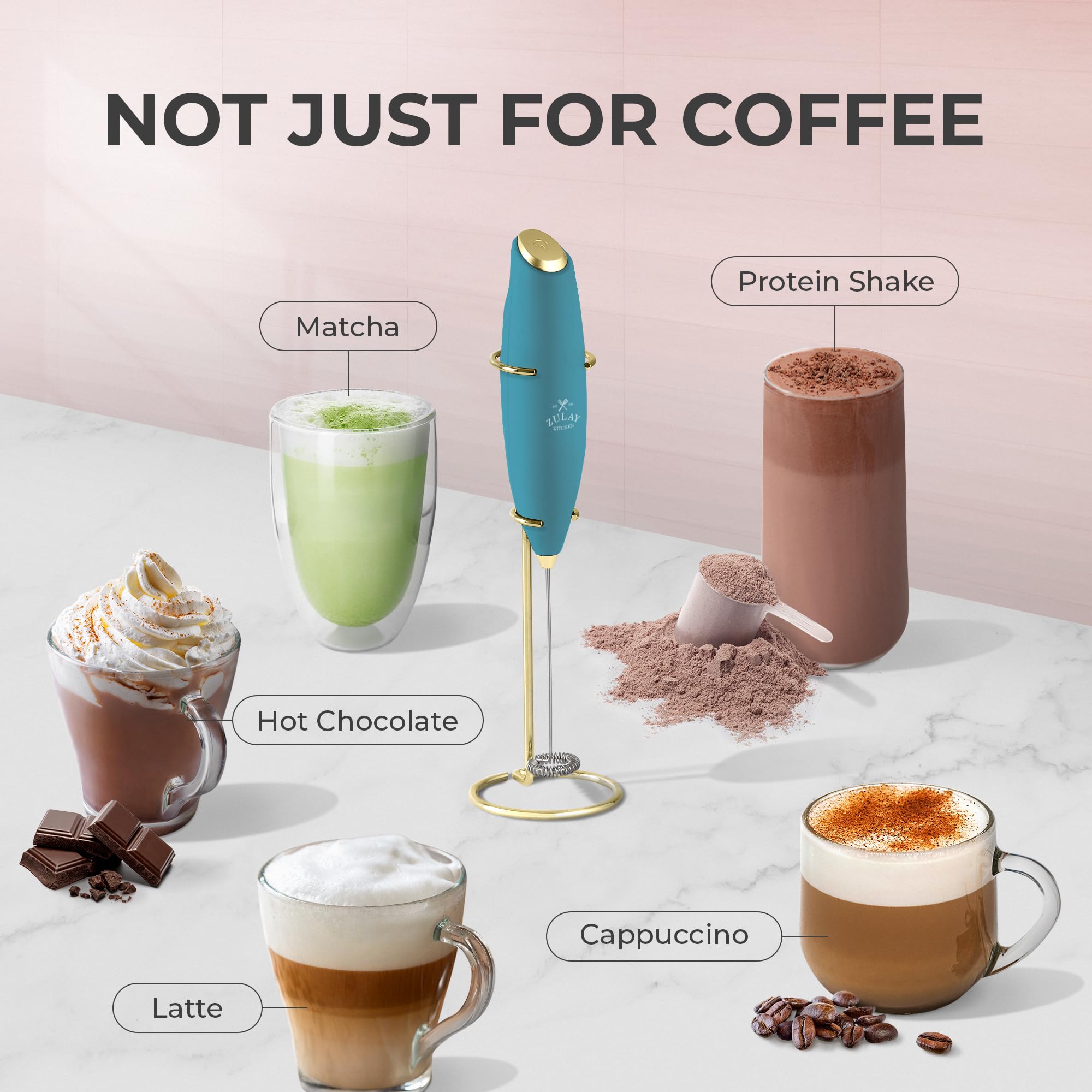 Zulay Kitchen Powerful Milk Frother Wand With Duracell Batteries - Ultra Fast Handheld Drink Mixer - Electric Whisk Foam Maker for Coffee, Lattes, Cappuccino & Matcha - Z1 Motor - Lake Gold
