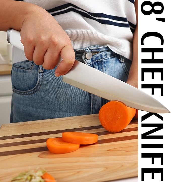 White Knife Set, 13 Pieces Knife Block Set with Built-in Sharpener