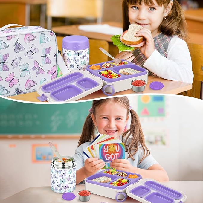 wiwens Bento Lunch Box for Kids with 12oz Soup Thermo Leak-Proof Lunch Food Container with 5 Compartment Thermo Hot Food Jar and Insulated Lunch Bag for Kid Toddler Girls Boys to School