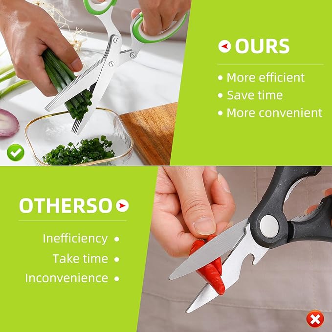 ccraowo 2025 Herb Scissors Set - Classic green 5-Blade Design with Cover and Comb - Skin-Friendly Handle for Comfortable Grip - Dishwasher Safe, Rust-Resistant Stainless Steel for Fresh Herbs