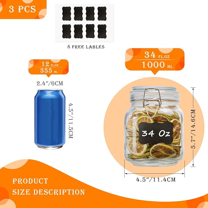 LOOIOOJ 34oz Square Glass Food Storage Jars with Airtight Clamp Lids 3 Pack