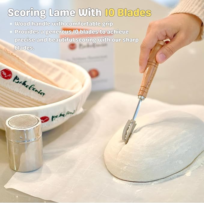 BakeGenies Artisan Bread Banneton Proofing Basket Set of 2, 9 inch Round & 10 inch Oval Sourdough Baskets with Danish Whisk, Dough Cutter, Scraper, Flour duster, Cleaning Brush, Bread Lame &10 Blades