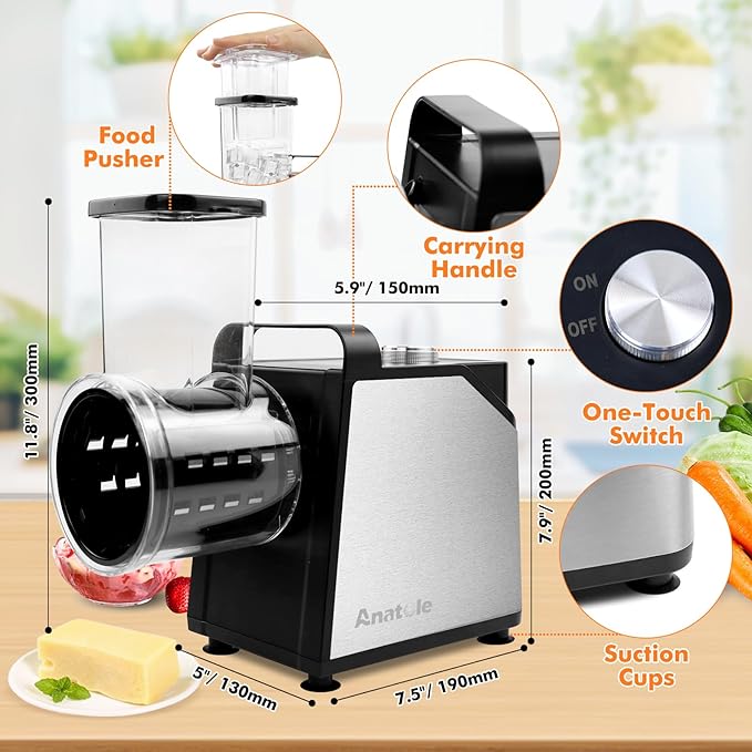 Anatole 7-In-1 Electric Cheese Grater Ice Shaver Vegetable Shredder 250W