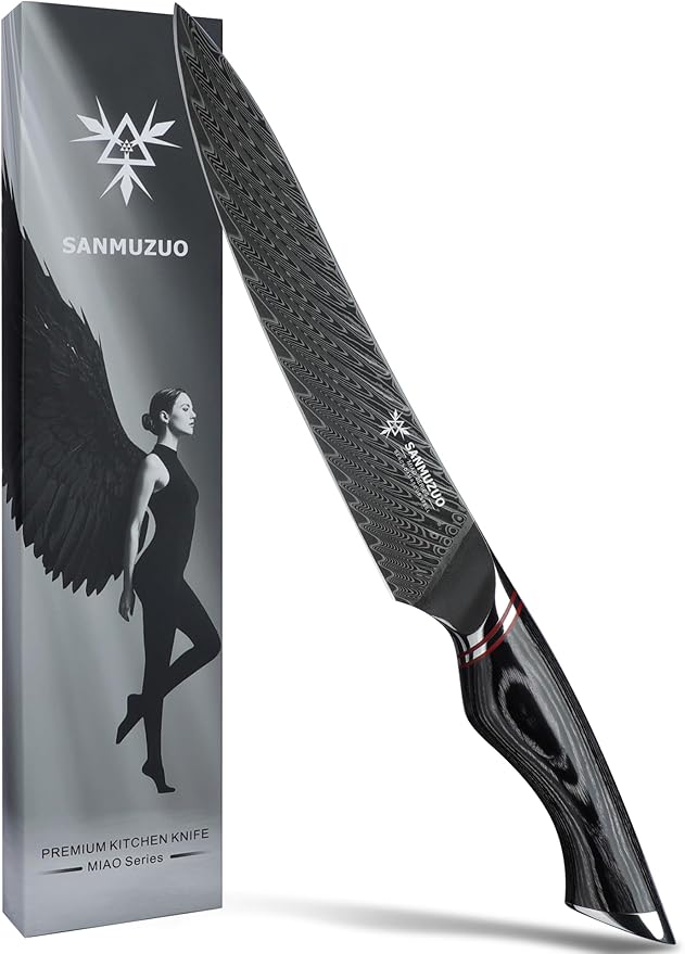 8 Inch Carving Knife, Slicing Knife - Black Damascus Steel with Ergonomic Handle - MIAO Series