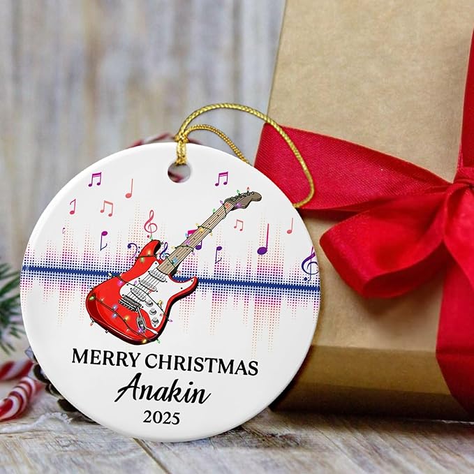 Customized Year Text Name Guitar Bass Player Ornament Gift for Daughter Son Husband Wife Dad Mom, Personalized Guitar Bass Instrument Christmas Ornament 2026, Guitarist Appreciation Ceramic Ornaments