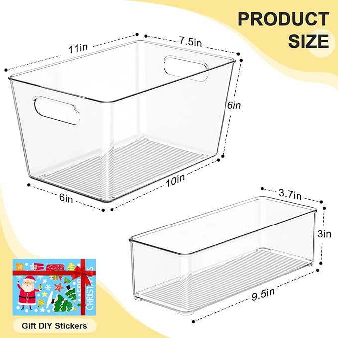 Joymeezo Set of 6 Pantry Organizers and Storage, Clear Plastic Bins(4L+2S)