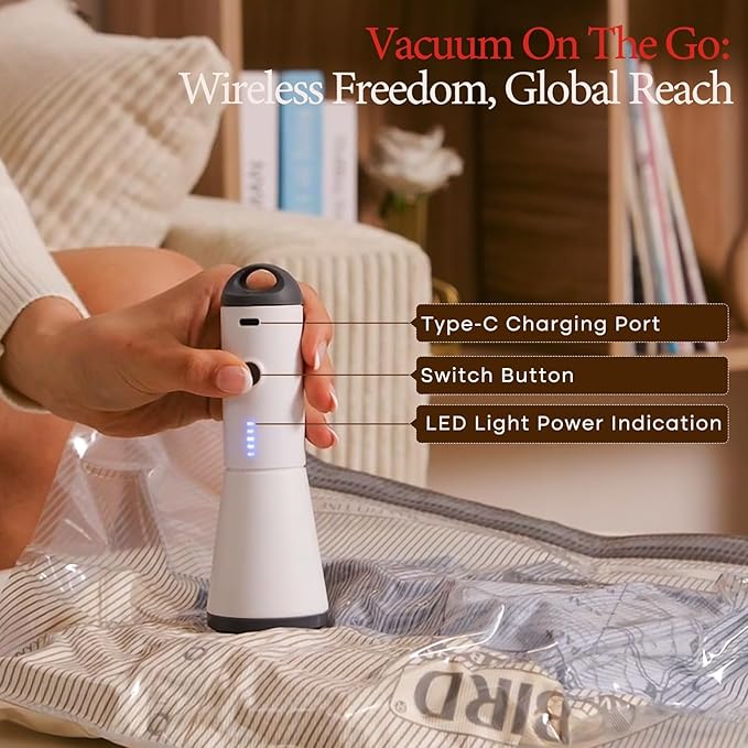 Vacbird Vacuum Bags for Travel with Rechargeable air Pump, Carry-on Size Compression Packing Bags for Luggage and Suitcase, Space Saver for Clothes and Clothing 24 Combo Travel Size