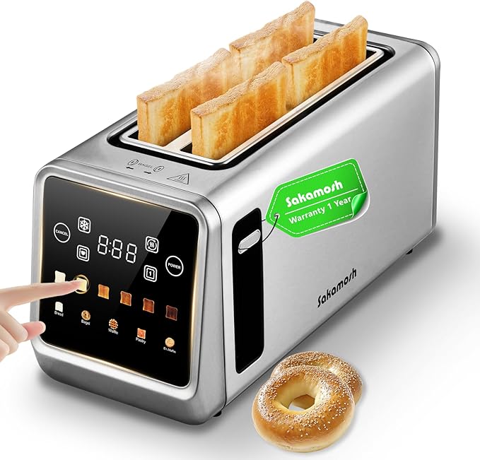 SAKAMOSH 4 Slice Long Slot Touch Screen Toaster, Stainless Steel