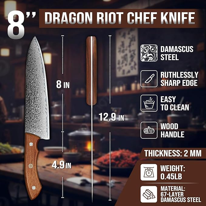 DRAGON RIOT 7 Inch Damascus Chef Knife, VG10 Steel, Kitchen Knife | VG10 Steel Core, Full Tang, For Slicing, Chopping and Everyday Food Prep