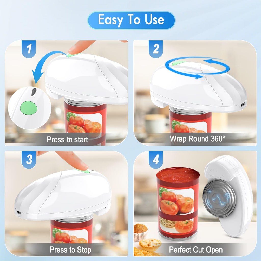 HuiJuKeJi Electric Can Opener, Rechargeable Automatic Can Opener for Seniors with Arthritis, One-Touch Hands-Free Can Opener for Almost Can Sizes, Smooth Edge & Food-Safe Kitchen Gadgets-White