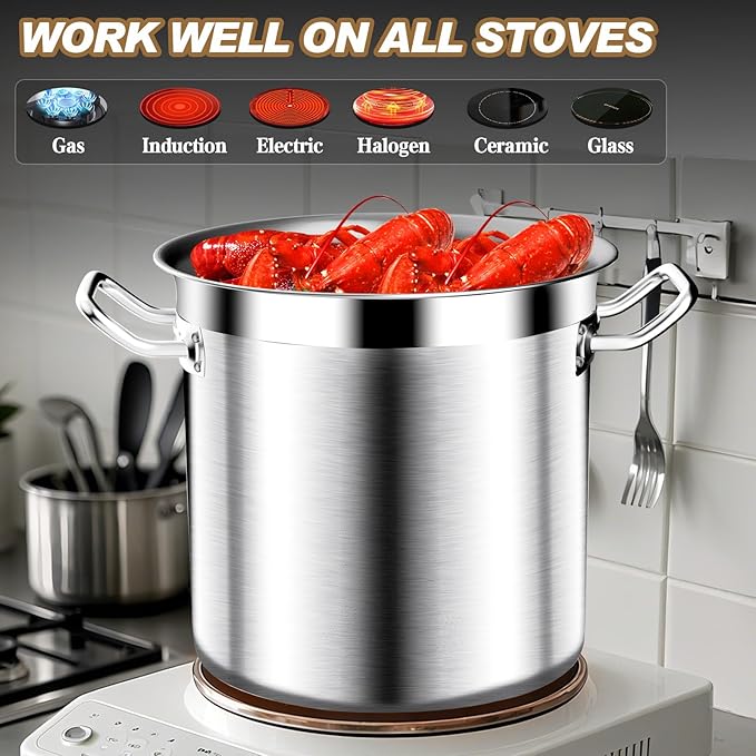 Stainless Steel Stockpot with Lid - Large Stock Pot - Heavy Duty Tri-Ply Bottom Commercial Grade Soup Pot for Cooking Soup, Stew, Canning, Oven, Gas, Ceramic, Dishwasher Safe