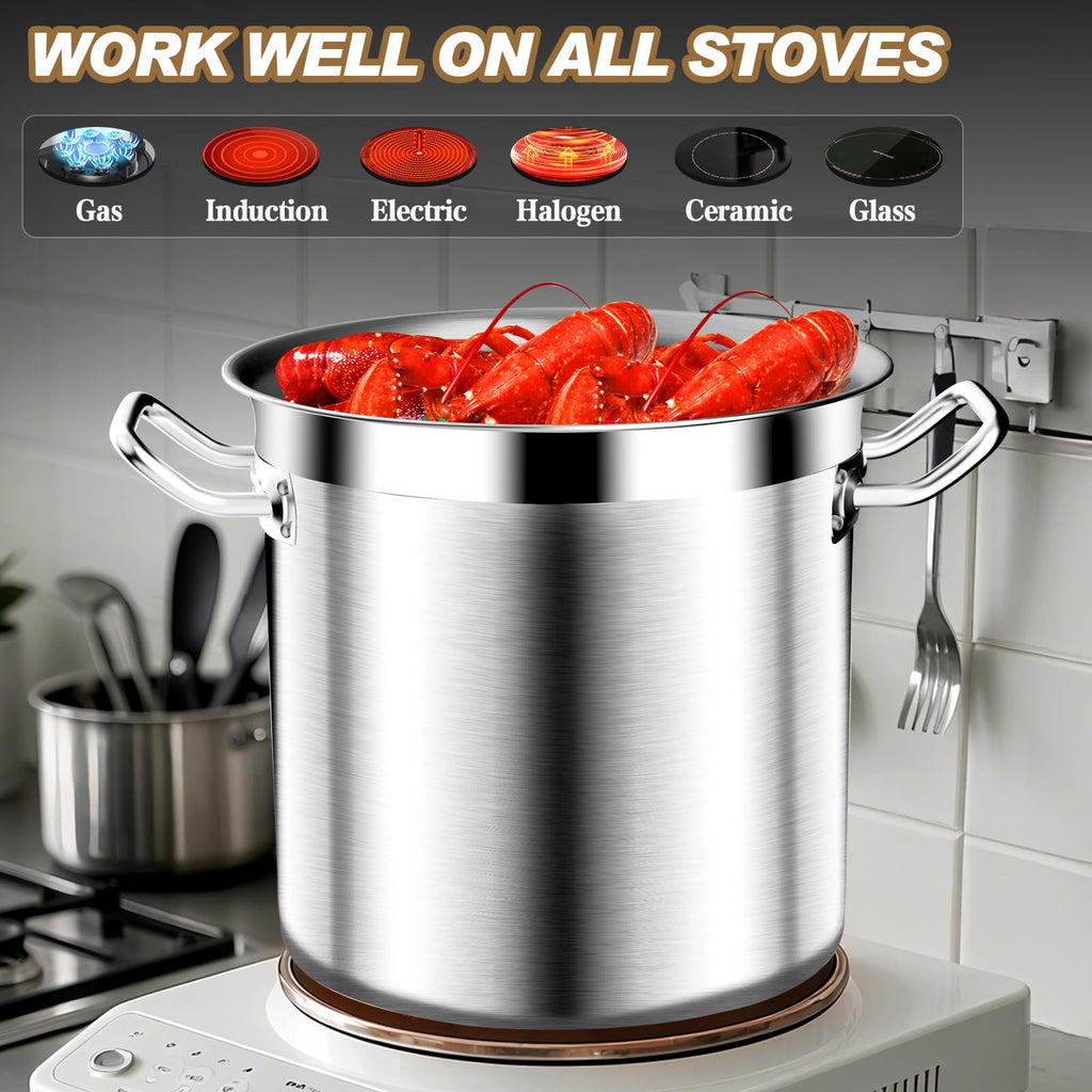 Large Stock Pot - 24QT Stainless Steel Stockpot with Lid, Heavy Duty Tri-Ply Bottom Commercial Grade Soup Pot for Cooking Soup, Stew, Pasta, Oven, Gas, Ceramic, Dishwasher Safe