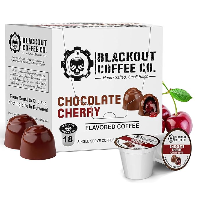 Blackout Coffee Chocolate Cherry Flavored Coffee Pods – Premium Roasted, Smooth Taste, Guilt-Free Indulgence – 18 Count Single-Serve Coffee Pods.