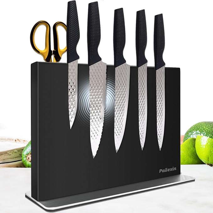 Pailexin Magnetic Knife Block Without Knives—Black Stainless Steel Double-Sided Magnetic Knife Holder Stand with Strong Magnets, Knife Storage Organizer for Kitchen Counter top