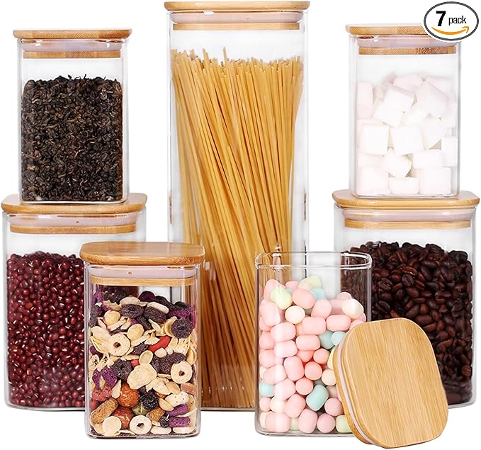 LEAVES AND TREES Y Glass Storage Canister with Wooden Lid, Set of 7 Square Glass Jars with Bamboo Lids, Glass Food Storage Containers for Pasta, Cereal, Flour, Sugar, Best for Kitchen & Pantry