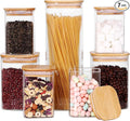 LEAVES AND TREES Y Glass Storage Canister with Wooden Lid, Set of 7 Square Glass Jars with Bamboo Lids, Glass Food Storage Containers for Pasta, Cereal, Flour, Sugar, Best for Kitchen & Pantry