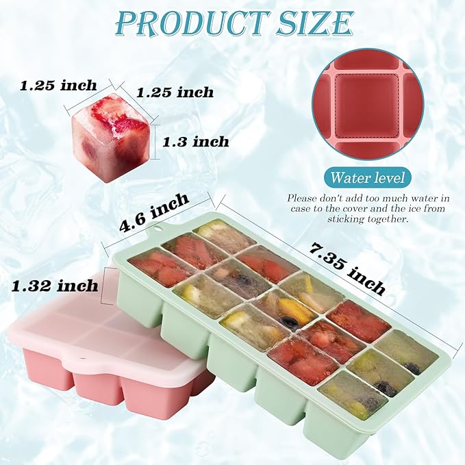 HUAKENER 2 Pack Silicone Ice Cube Tray, Ice Cube Trays for Freezer with Lid