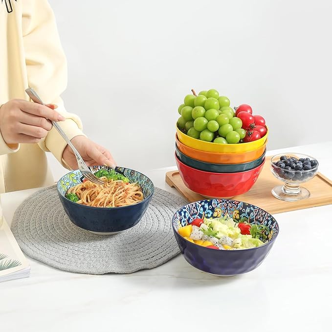 KitchenTour Cereal Bowls Set of 6, 26 oz Ceramic Soup Bowls for Kitchen, 6.3 Inch Colorful Serving Bowls for Oatmeal, Salad, Pasta, Dessert - Microwave & Dishwasher Safe
