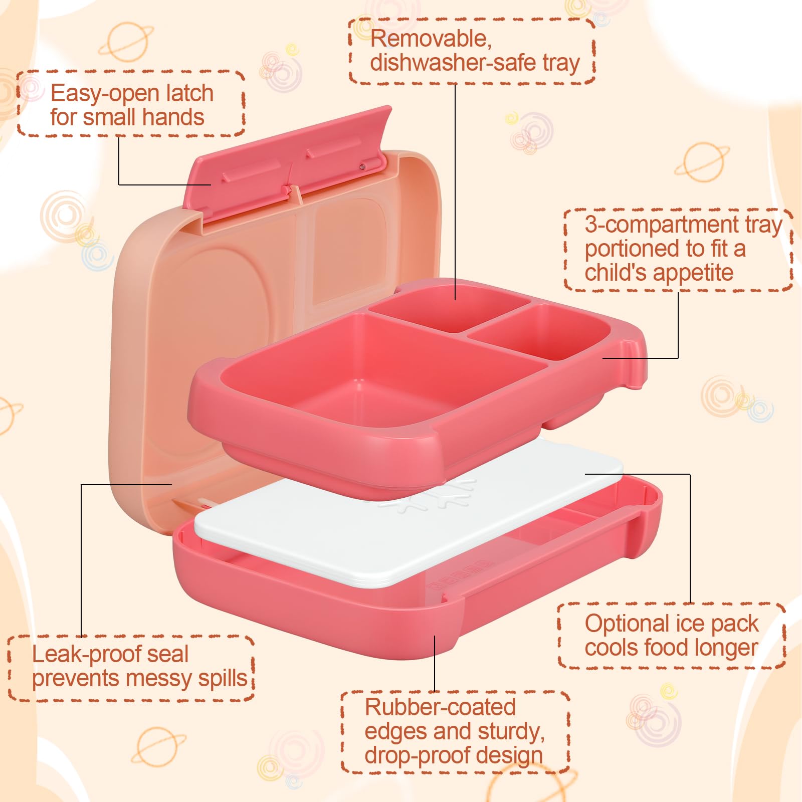 JXXM Bento Box for Kids,Kids Bento Lunch Box with Built-in Ice Pack for School,3 Compartments Leak Proof Lunch Container with Utensils for Girl Boy;BPA Free,Microwave & Dishwasher Safe, 44oz(Pink)