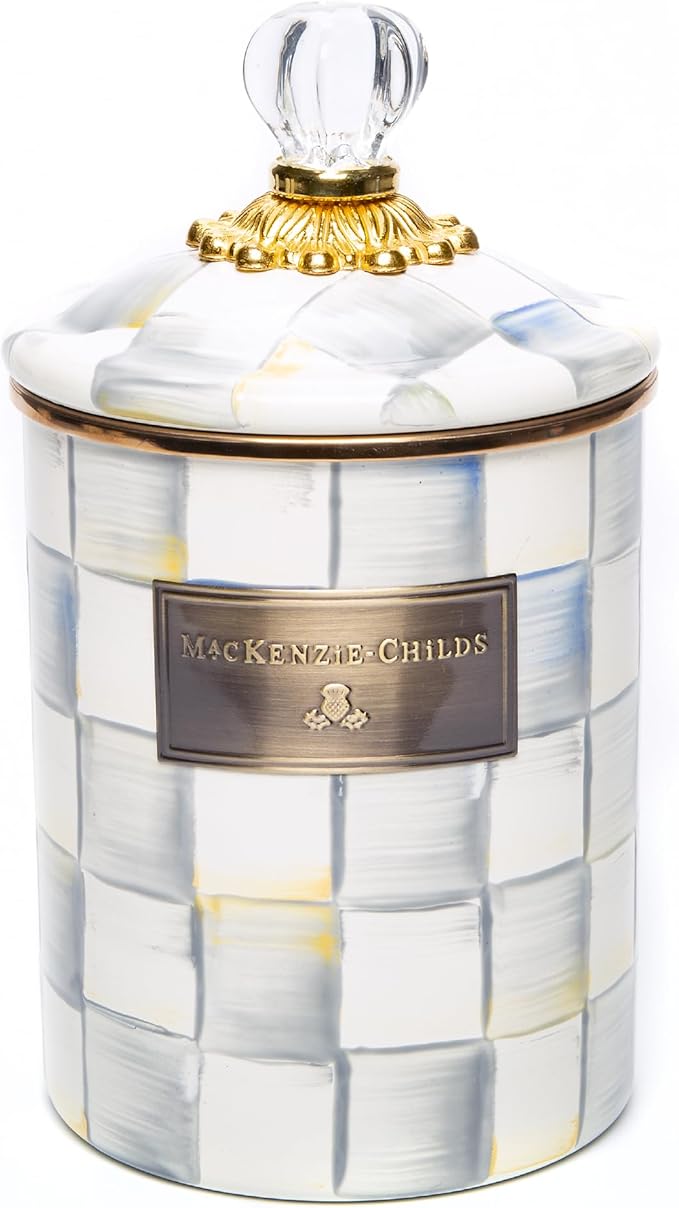 MACKENZIE-CHILDS Enamel Canister, Medium, Gray-and-White Sterling Check