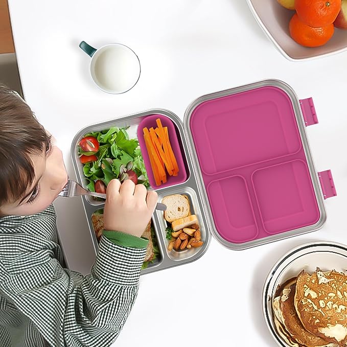 BOSEDSANG Stainless Steel Kids Leak-Resistant Bento Lunch Box, 3-Compartments with Silicone Container, Dishwasher-Safe, Child-Friendly Design for School, Picnics & Travel,BPA-Free(Pink)
