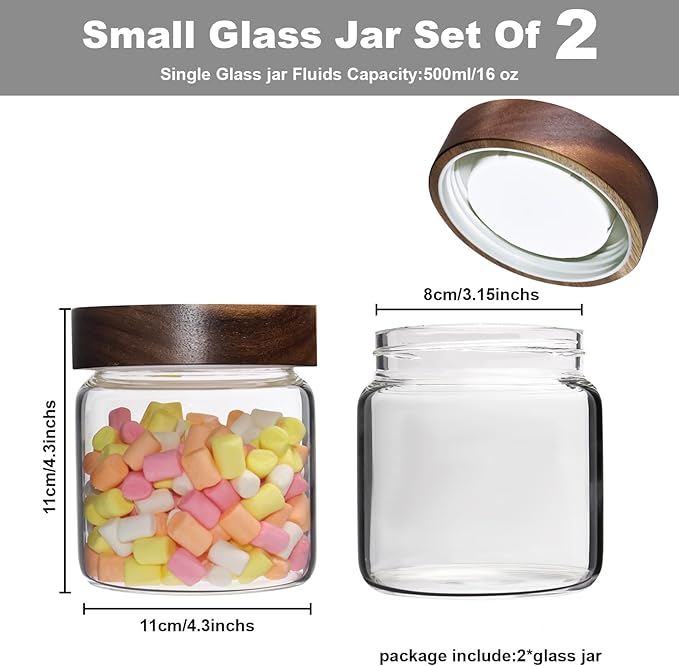 Patoper 16 oz Glass Jars with Acacia Wood Airtight Lids Spice Jar Herb Storage Canister with Wooden Lid Clear Glass Food Jar for Sugar Pantry Tea Coffee Bean Spice Cookies (500ml/16oz-2pack)