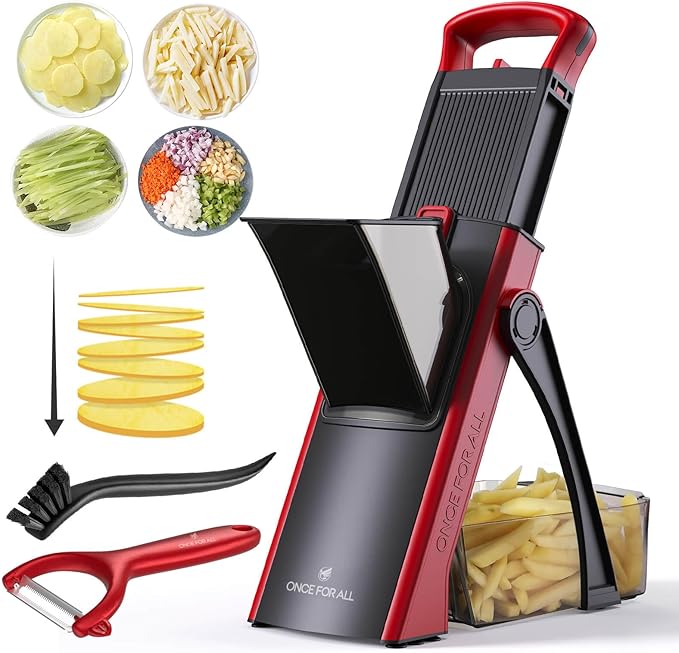ONCE FOR ALL Safe Mandoline Slicer Plus with Peeler, Bigger Size, Red