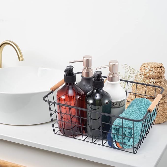 Black 2PCS Wire Storage Baskets with Wooden Handles for Pantry Organizer