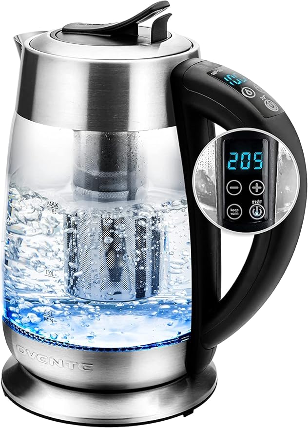 OVENTE 1.8L Glass Electric Kettle with Tea Infuser, Silver KG6610S