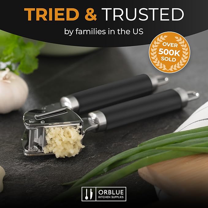 ORBLUE Garlic Press and Peeler Set, Stainless Steel - Professional Grade Mincer, Crusher - Dishwasher Safe & Rust-proof, Black