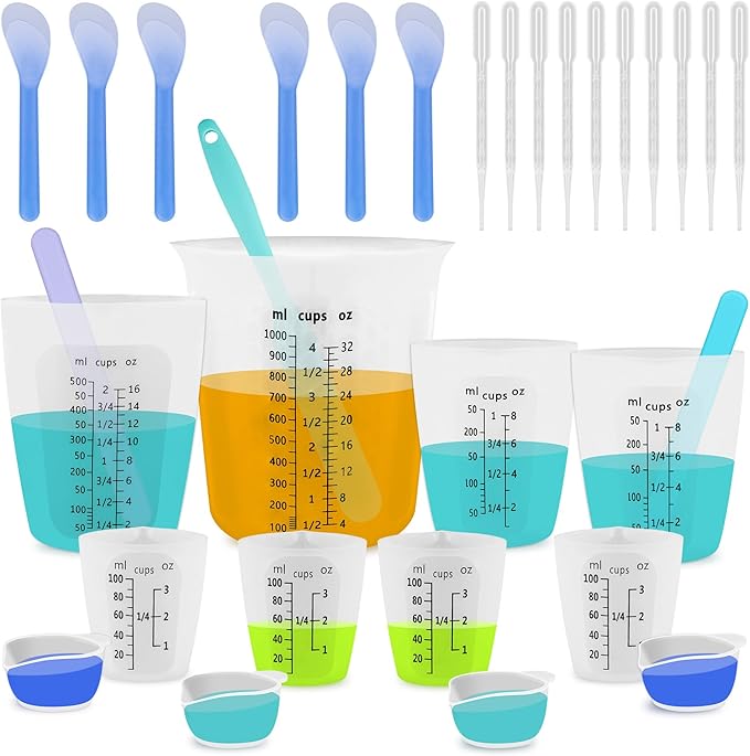 SWIGRANCE Silicone Resin Mixing 1L Measuring Cup Set for Resin Supplies, Easy-to-Read Marks, 1000ml/32oz Large Cup, 500&250&100ml Thickened Reusable Silicone Cups for Epoxy Mixing, Jewelry Making