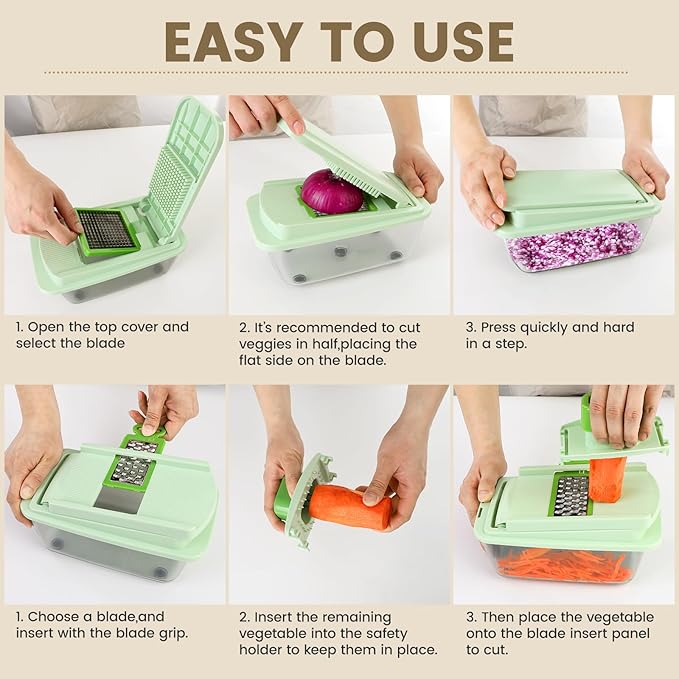 Vegetable Chopper, 16-in-1 Mandoline Slicer Dicer Grater Spiralizer with Container, 8 Stainless Steel Blades for Onion Salad Salsa Meal Prep