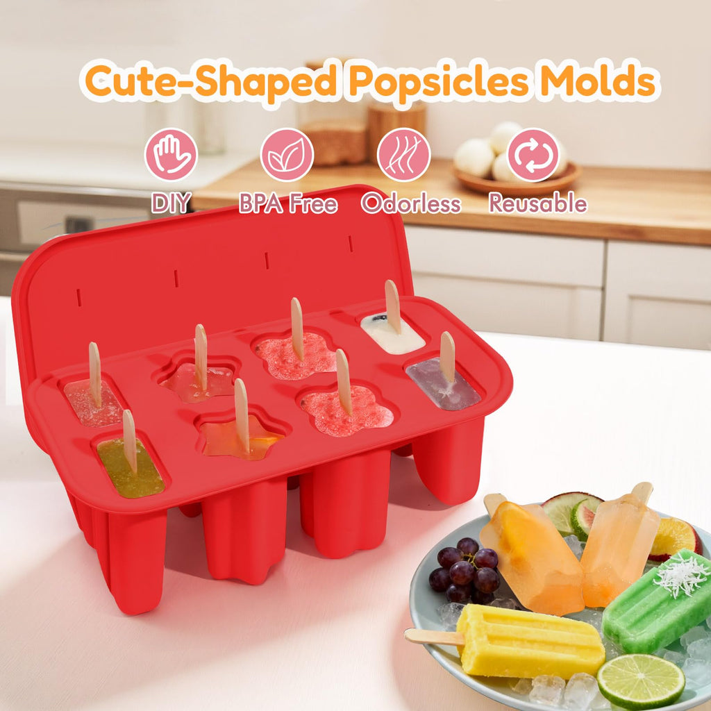 Firstfooby Popsicles Molds, 8-Cavity Silicone Popsicle Molds with 50 Sticks, BPA-Free Ice Pop Mold Popsicle Maker with Funnel & Cleaning Brush for Kids Adult Teens