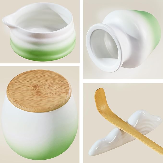 Matcha Whisk Set with Tea Caddy, Green 8 Pcs Matcha Kit Includes Bowl with Spout, Whisk & Holder, Ceramic Tea Caddy, Bamboo Scoop & Rest, Sifter, Tea Towel, Gift for Tea Lovers