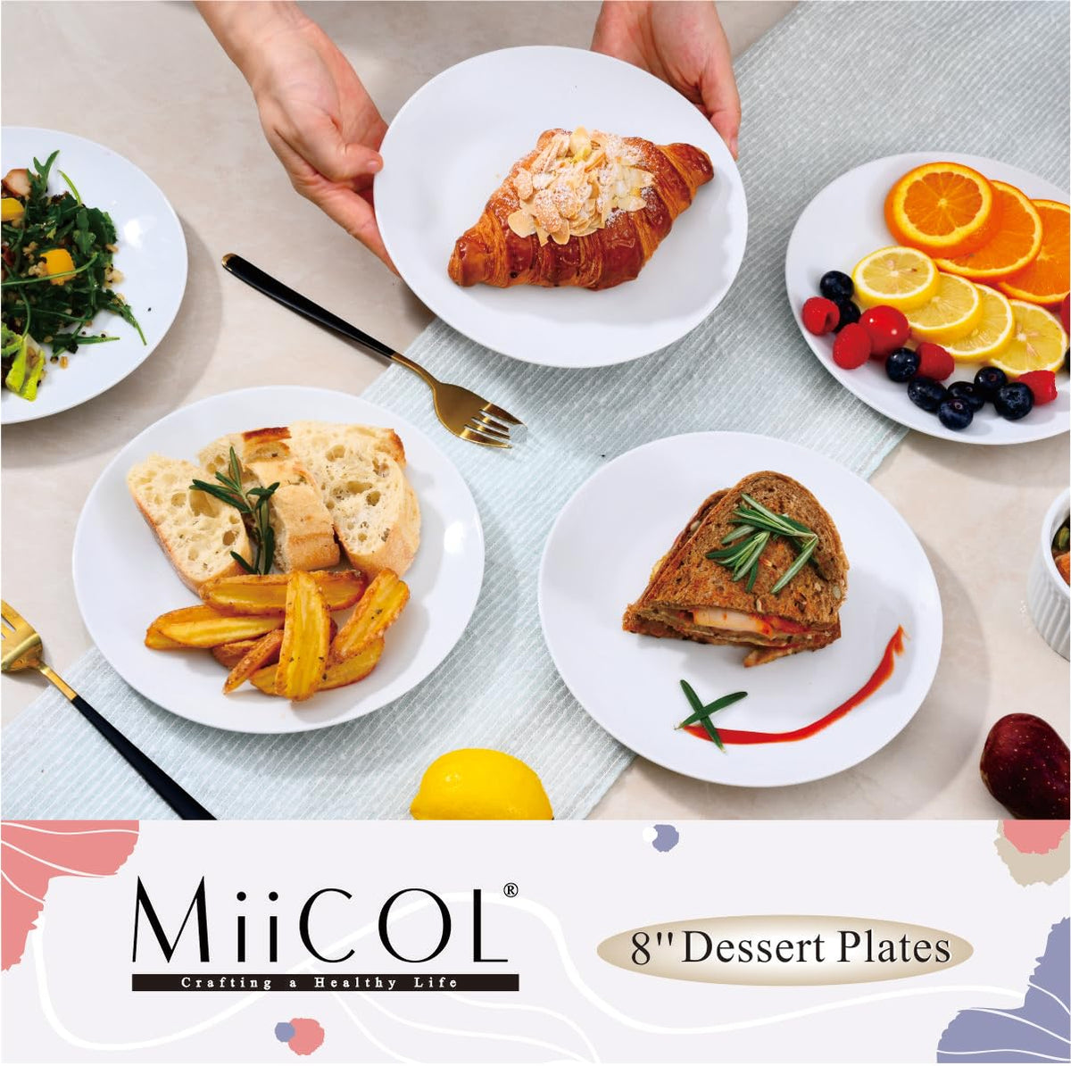 Miicol Ceramic Appetizer Plates Set of 6, White Dessert Plates 8 Inch