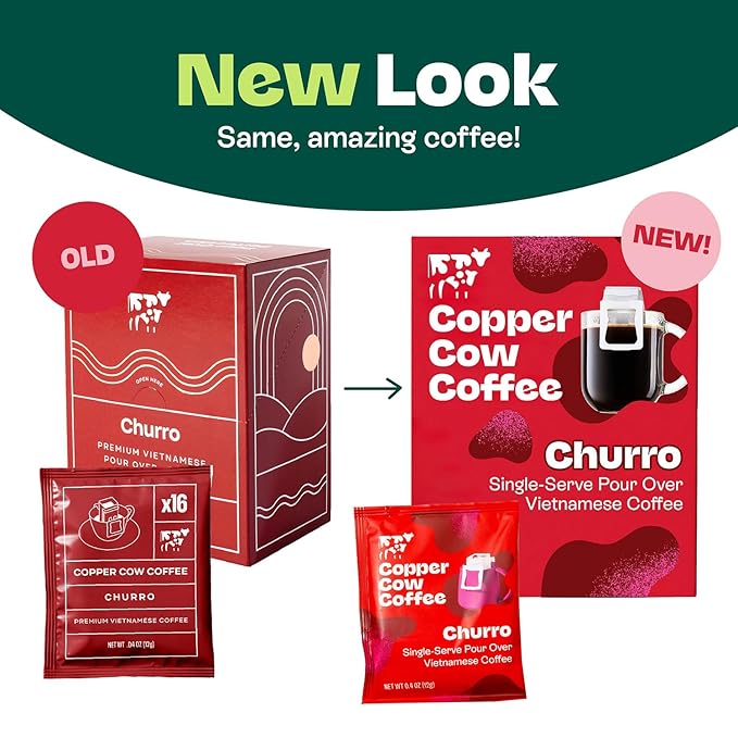 Copper Cow Coffee Vietnamese Churro Pour Over Coffee & Creamer Set, 8 Coffees + 8 Creamers | Dark Roast | Real Cinnamon | No Artificial Flavors | No Refrigeration Needed | As Seen on Shark Tank