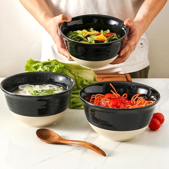 HASENSE Large Ceramic Soup Bowls Set of 4, 40 Oz Gloss Black Beige Stackable Stoneware Bowls, Farmhouse Bowls for Salad, Pasta, Ramen & Pho, Dishwasher & Microwave Safe