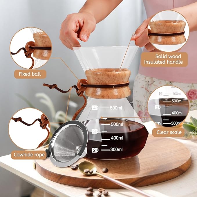 Mogrecha Pour Over Coffee Maker 600ml with 304 Stainless Steel Filter Wooden Collar Holder Borosilicate Glass Drip Coffeemaker Server Set Clear Hand Brew Dripper Carafe for Home Camping Travel 20.3oz