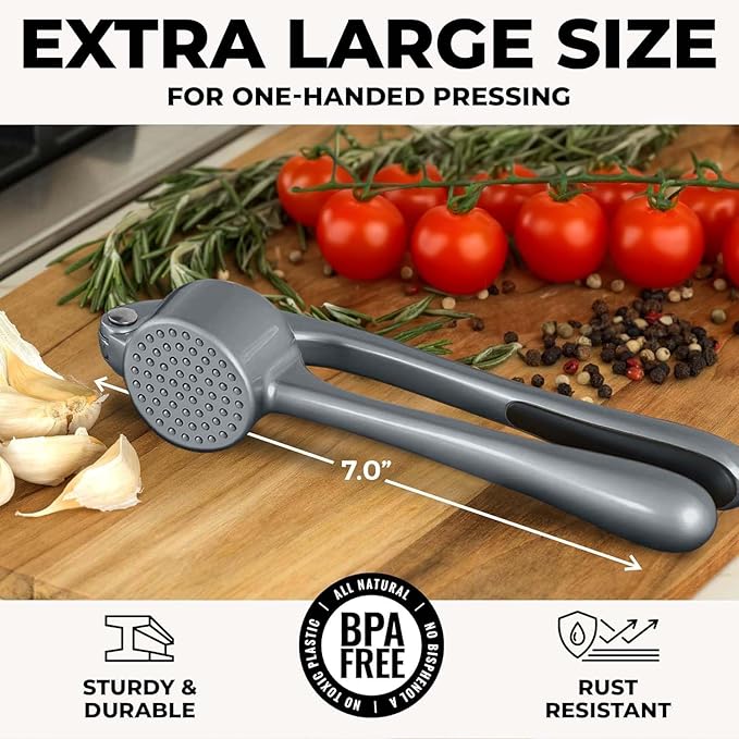 Zulay Kitchen Large Premium Garlic Press Set - Bigger Bowl for Bigger Garlic - Rust Proof Garlic Mincer Tool - Easy-Squeeze, Easy-Clean Silicone Garlic Peeler & Brush (Slate)