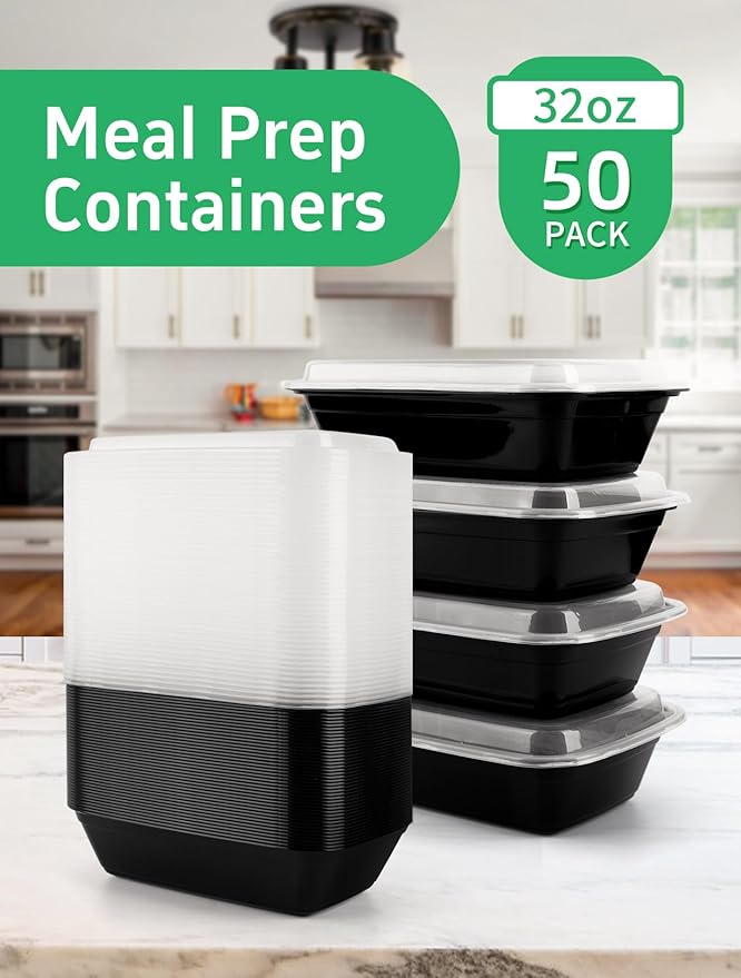 UMT Plastar 38 oz Rectangular Meal Prep Containers with Lids, 50 Pack