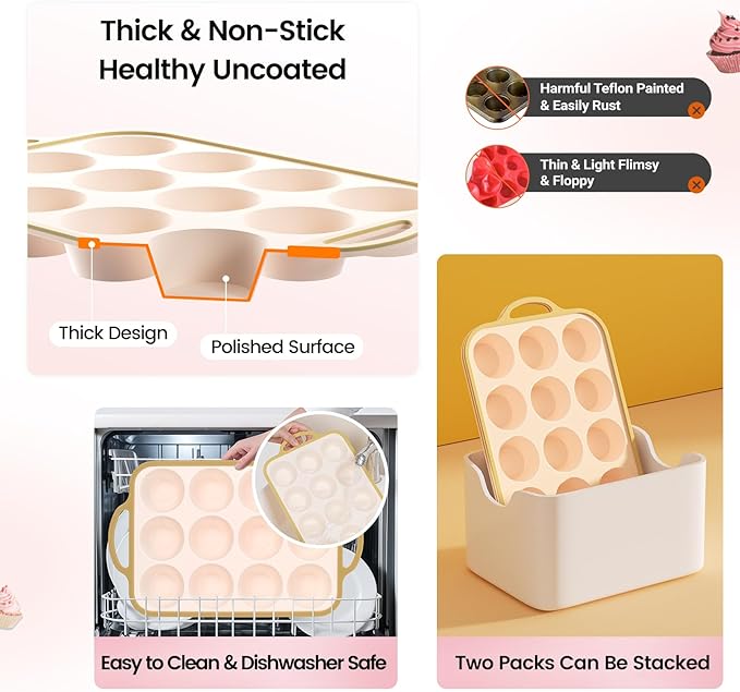 Fimary Silicone Muffin Pans for Baking 2 Pack, 2.6 Inch with Metal Reinforced Frame, Regular Size Nonstick Cupcake Pan 12 Cups for Baking Homemade Muffins, Dishwasher Safe BPA Free-Light Yellow