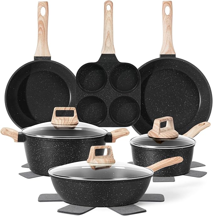 SODAY Pots and Pans Set Non Stick, 17Pcs Black Granite Induction Cookware