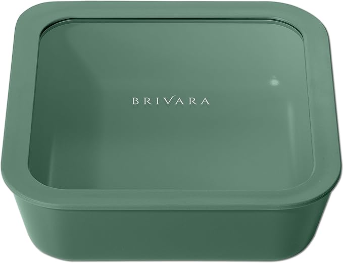 BRIVARA HOME Glass Food Storage Container with Lid, 8-Cup Large Square | Microwave-Safe Airtight Lid, Oven-Safe Ceramic-Coated Glass | Zero Plastic, No PFAS/PFOA/BPA, Reusable [Pine]
