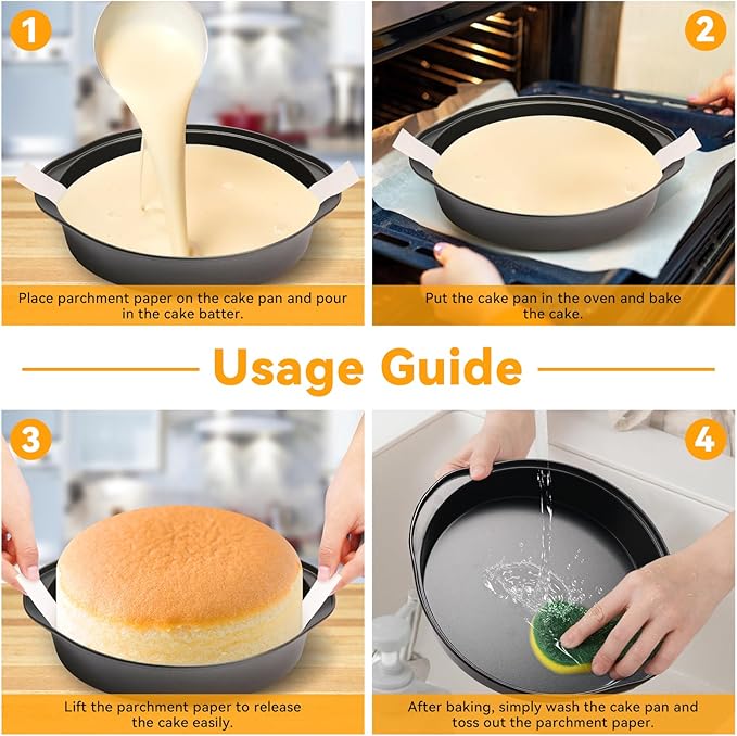 tutikuki 6 Inch Cake Pan - 3PCS Nonstick Round Cake Pans with 100 PCS Parchment Paper, Carbon Steel Smash Cake Baking Pans with Handle, Dishwasher Safe