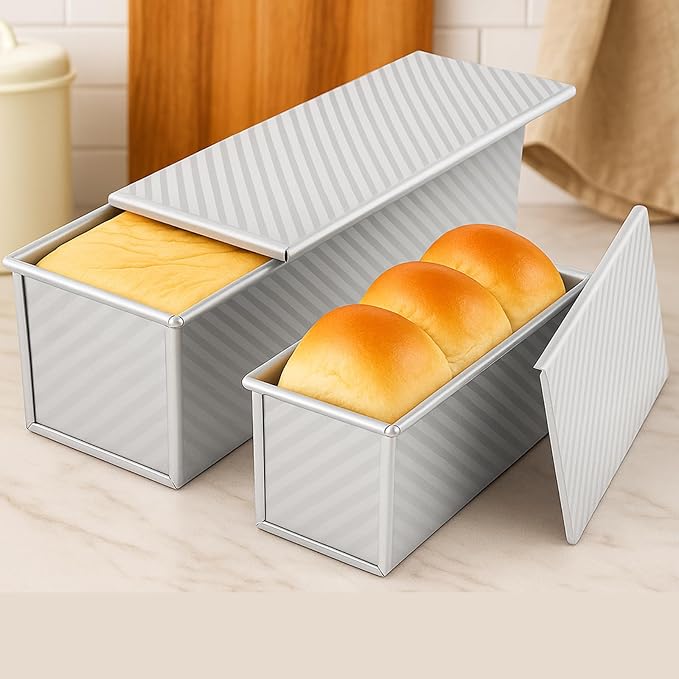 Logario 2-pack Pullman Loaf Pan with Lid (13x5 & 8.4x4.8 inch) - Nonstick Aluminum Steel Bread Pan Set, Vented Bottom for Even baking, PFOA & PTFE free, for Sandwich Bread, Sourdough, Toast & Shokupan
